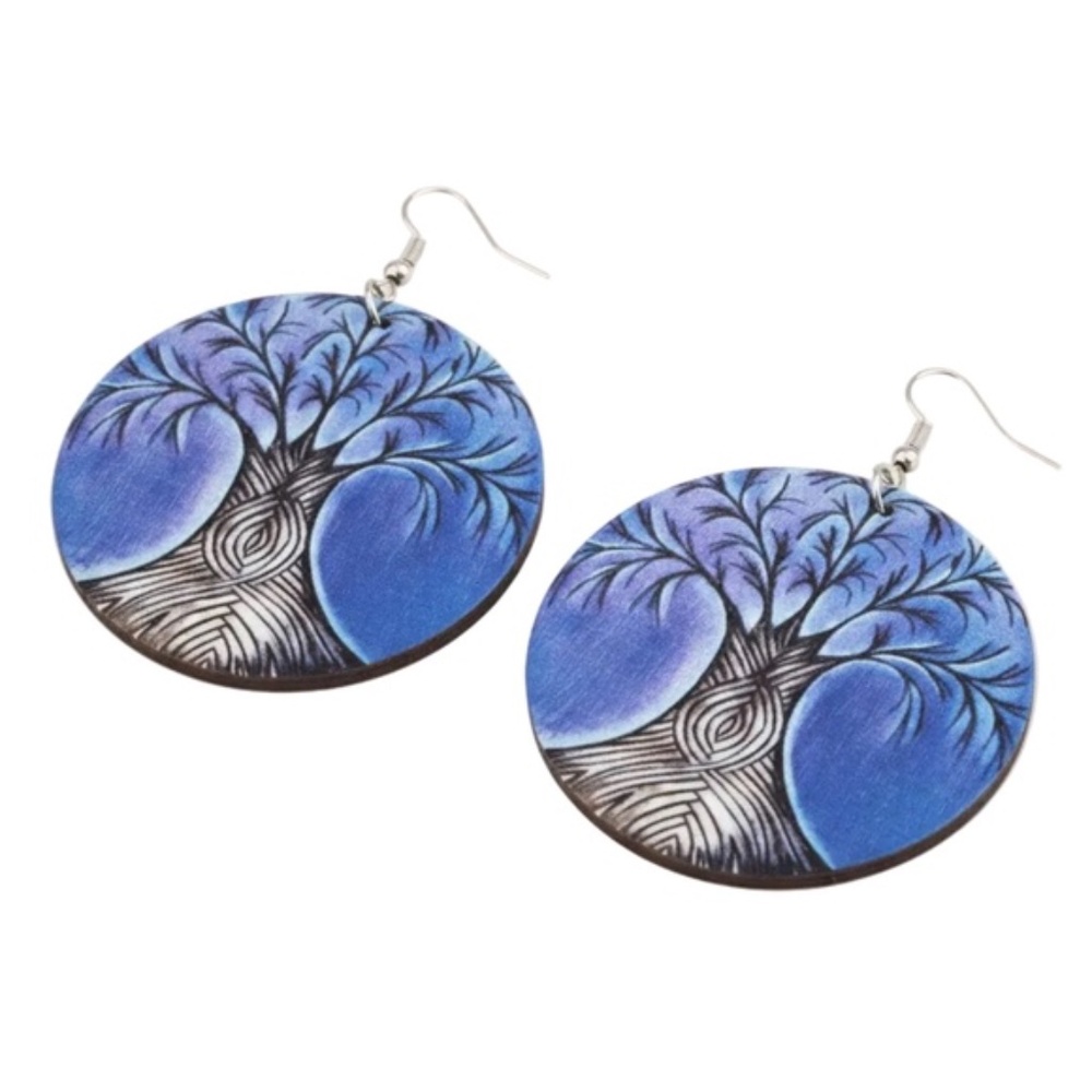 Wood Blue Round‎ Earrings